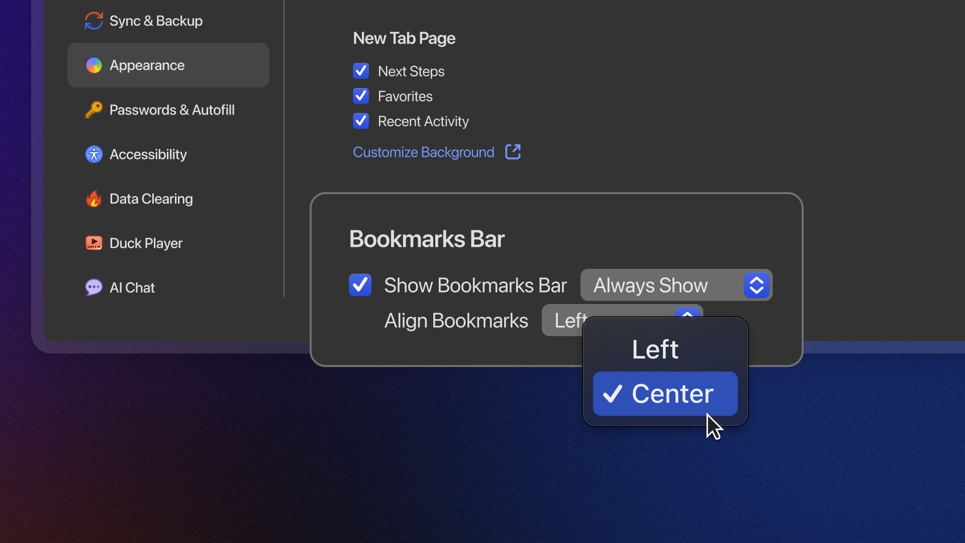 Added Bookmarks Bar Setting to Change Alignment
